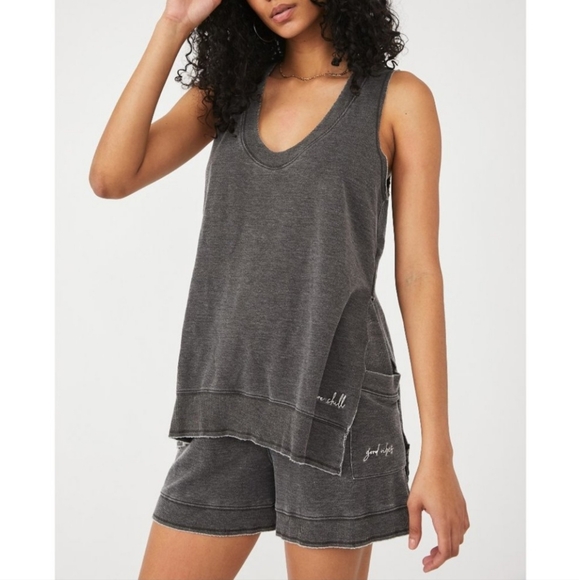 Free People Tops - Free People Cozy Girl Tank Top Soft Oversized Deep V Neck Washed Black XS NWT